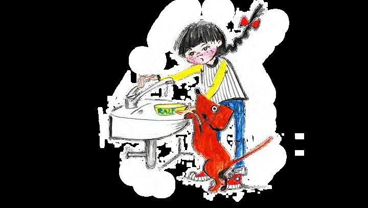 Ilustracja. Ralf - czerwony piesek opiera się łapkami o umywalkę, obok stoi dziewczynka z warkoczami, nalewa wodę z kranu do miski pieska